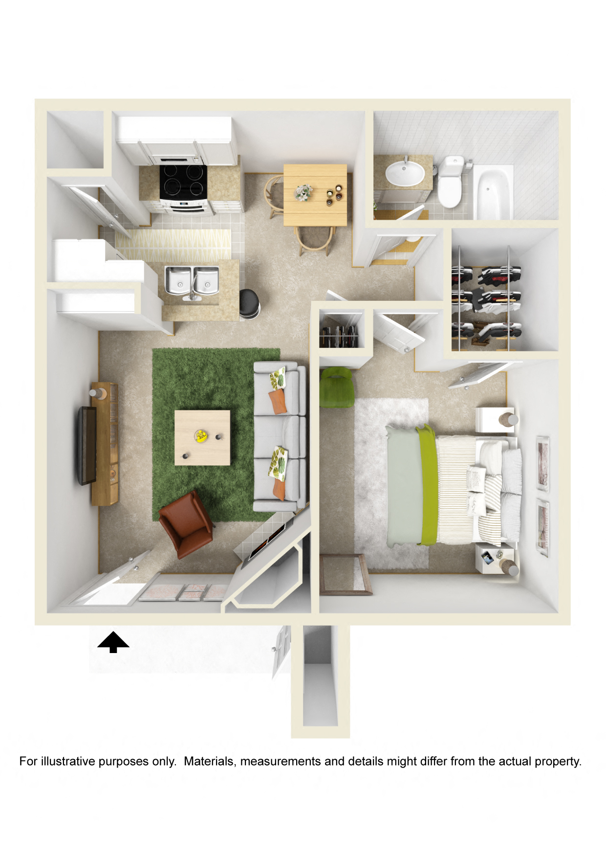 Floor plan for 1 bed, 1 bath, 656 sqft